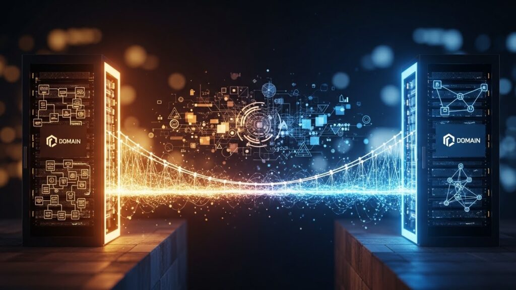 Alan adı transferi işlemini ve güvenli domain taşıma sürecini simgeleyen dijital köprü görseli