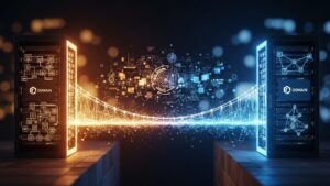 Alan adı transferi işlemini ve güvenli domain taşıma sürecini simgeleyen dijital köprü görseli