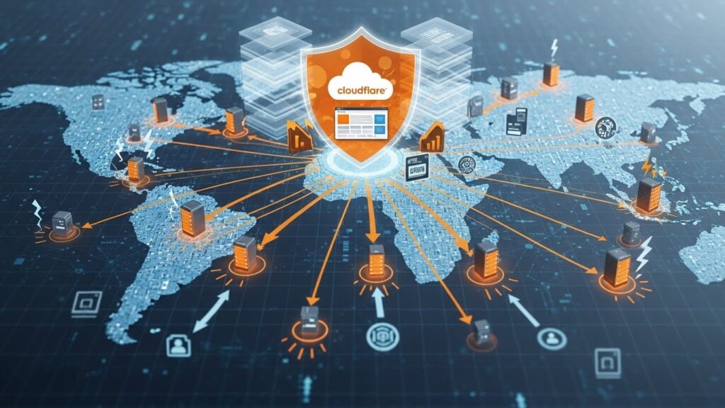 Cloudflare CDN’in global sunucularla site hızını artırmasını ve güvenlik sağlamasını gösteren teknik görsel.