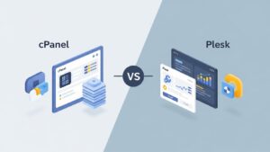 cPanel vs Plesk kontrol panellerinin özelliklerini karşılaştıran, ikiye bölünmüş modern infografik tasarım.
