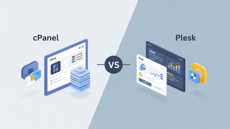 cPanel vs Plesk kontrol panellerinin özelliklerini karşılaştıran, ikiye bölünmüş modern infografik tasarım.
