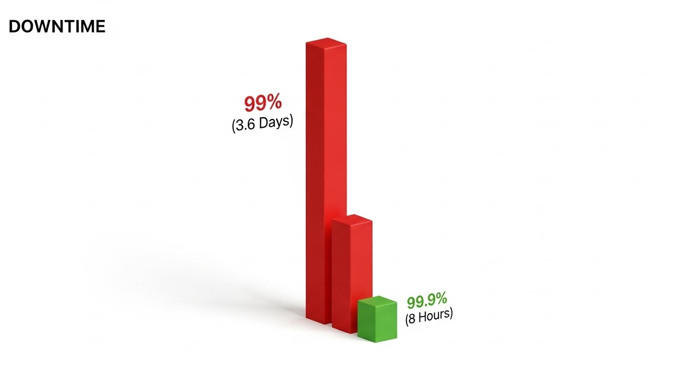 Yüzde 99 ile yüzde 99.9 uptime arasındaki yıllık kesinti süresi farkını gösteren karşılaştırma grafiği