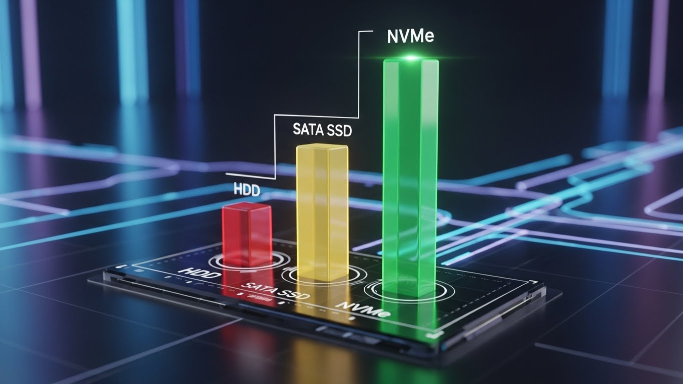 Hdd, sata ssd ve nvme ssd arasındaki okuma yazma hızı farklarını gösteren karşılaştırma grafiği