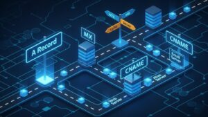Dns kayıtları nedir ve a kaydı cname mx kayıtları ne işe yarar sorusunu anlatan dijital yönlendirme görseli