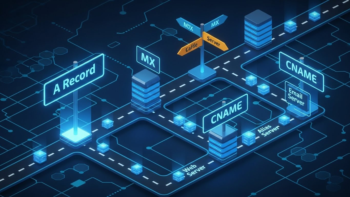 Dns kayıtları nedir ve a kaydı cname mx kayıtları ne işe yarar sorusunu anlatan dijital yönlendirme görseli