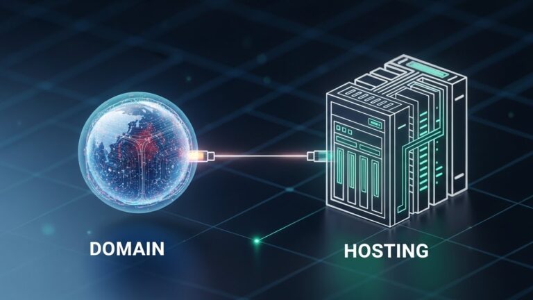 Domainin DNS üzerinden hosting sunucusuna yönlendirilmesini gösteren teknik görsel.