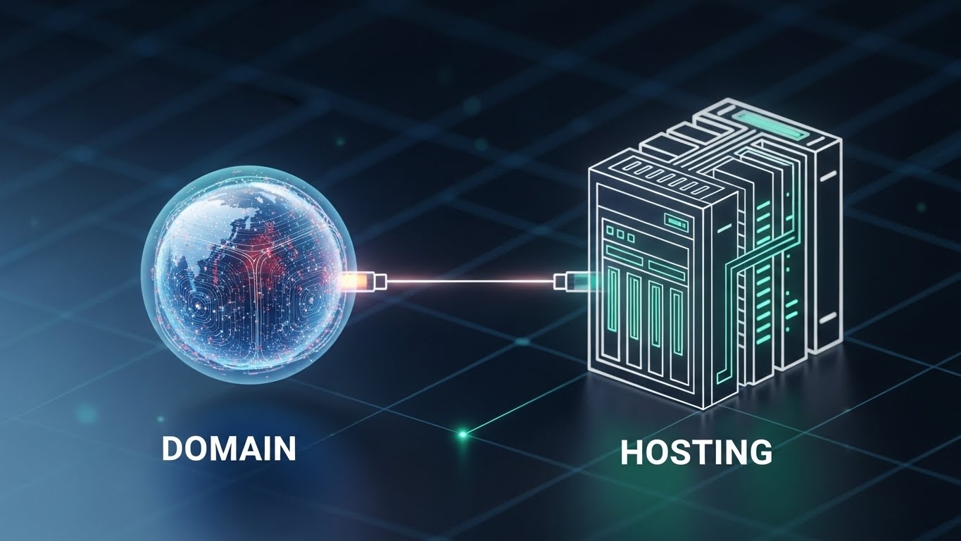 Domainin DNS üzerinden hosting sunucusuna yönlendirilmesini gösteren teknik görsel.