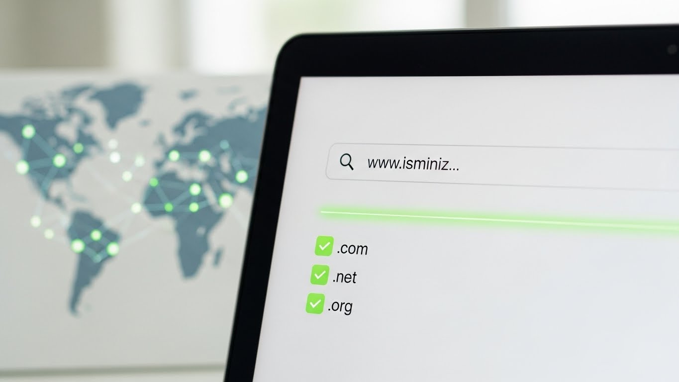 Laptop ekranında domain sorgulama ve alan adı müsaitlik kontrolü sayfası
