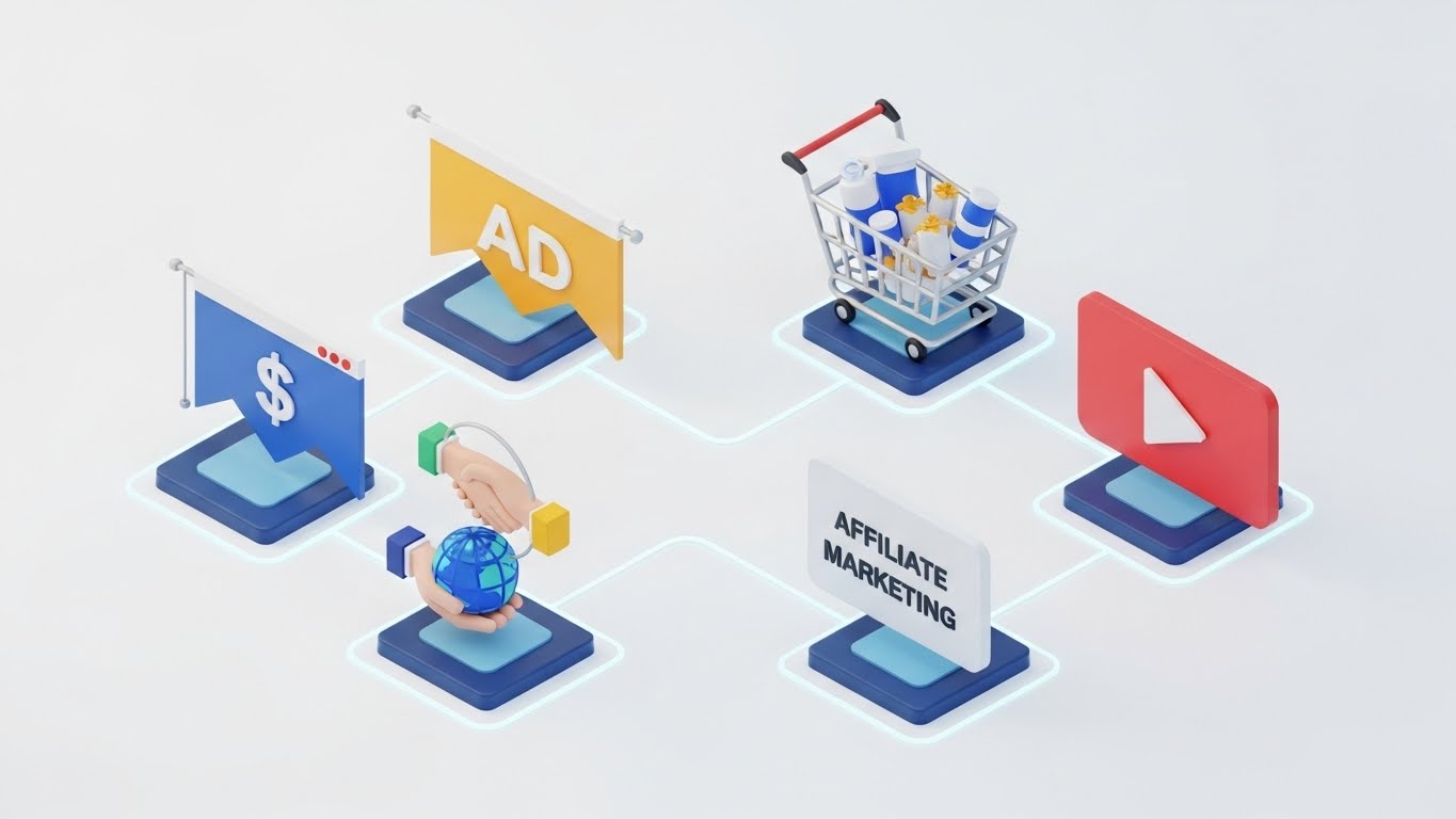 -ticaret, reklam ve satış ortaklığı gibi internetten para kazanma modellerini gösteren 3d illüstrasyon