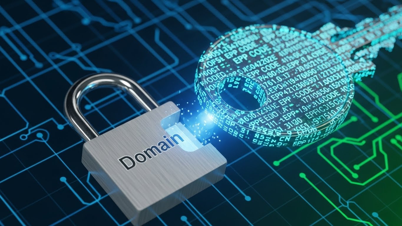 Domain transfer kilidini açan epp yetkilendirme kodunu simgeleyen dijital anahtar görseli
