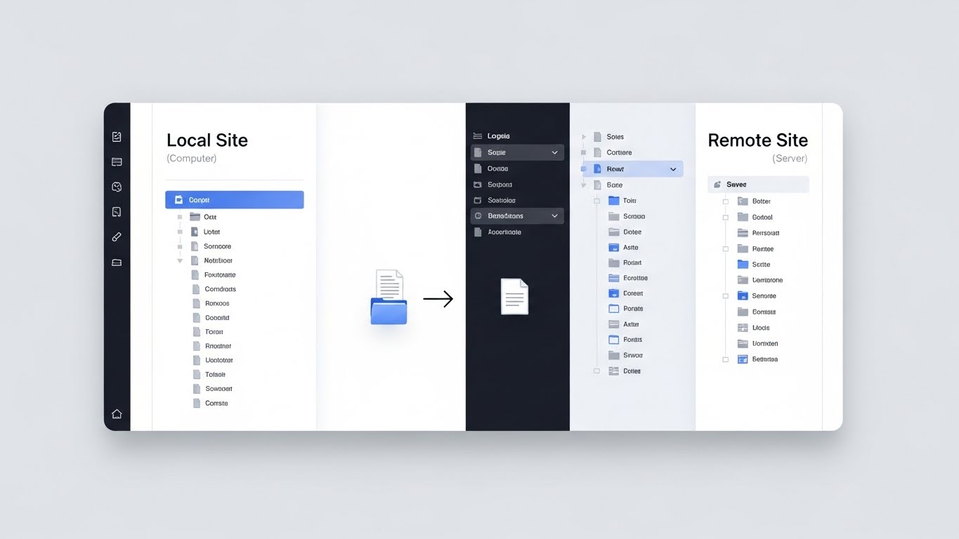 Filezilla programı arayüzü ile bilgisayardan sunucuya dosya sürükle bırak yöntemini gösteren illüstrasyon