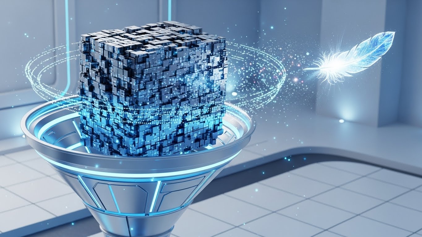 Büyük dosya boyutlu görsellerin sıkıştırılarak optimize edilmesini simgeleyen teknolojik illüstrasyon