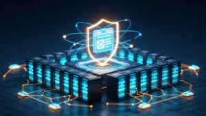 Dijital kalkanla korunan güvenli web sitesi arayüzü ve altında yatan veri merkezi sunucu altyapısını gösteren siber güvenlik görseli