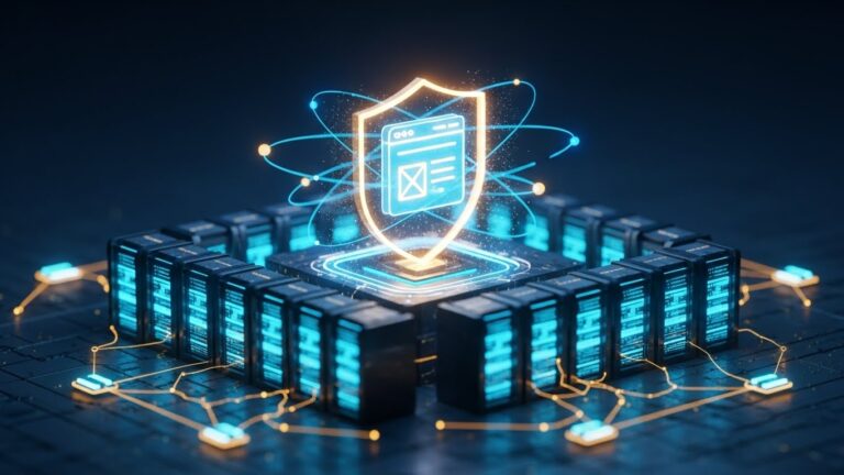 Dijital kalkanla korunan güvenli web sitesi arayüzü ve altında yatan veri merkezi sunucu altyapısını gösteren siber güvenlik görseli