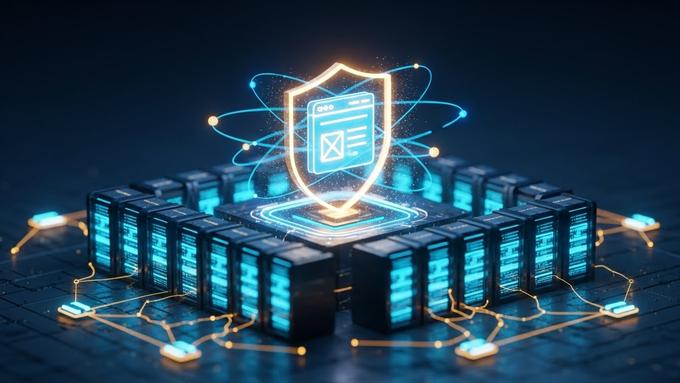 Dijital kalkanla korunan güvenli web sitesi arayüzü ve altında yatan veri merkezi sunucu altyapısını gösteren siber güvenlik görseli