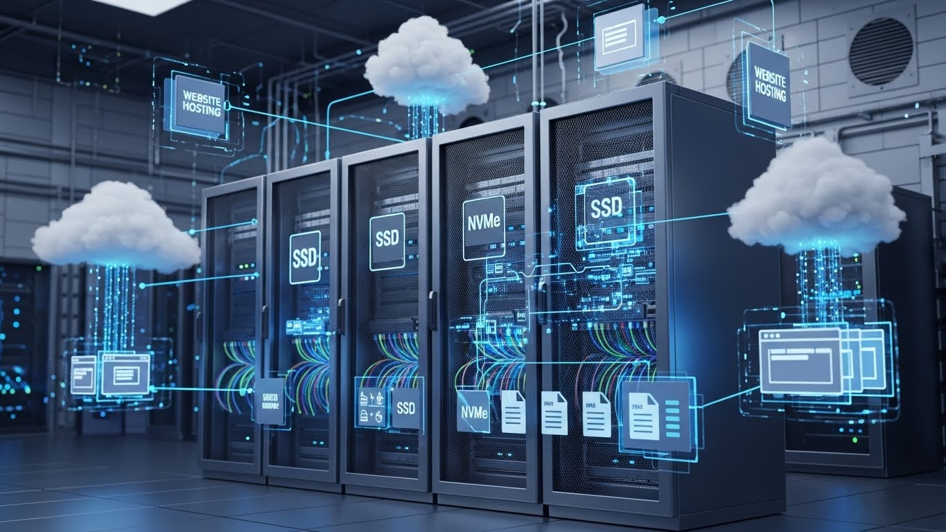 Bir web sitesinin dosyalarının sunucuda barındırılmasını temsil eden hosting temalı teknik görsel.