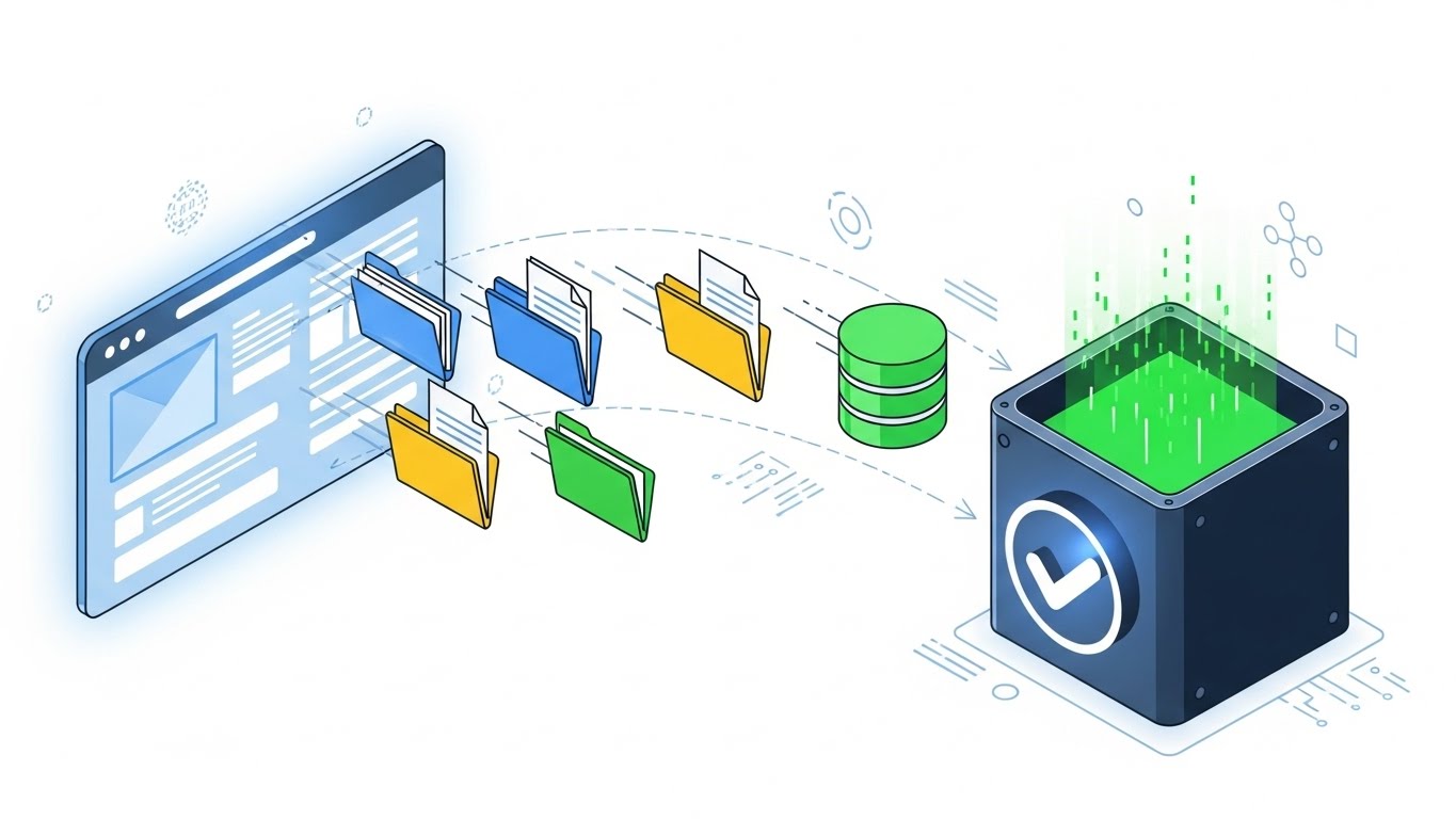 Web sitesi veritabanı ve dosyalarının güvenli bir şekilde yedeklenmesini gösteren illüstrasyon