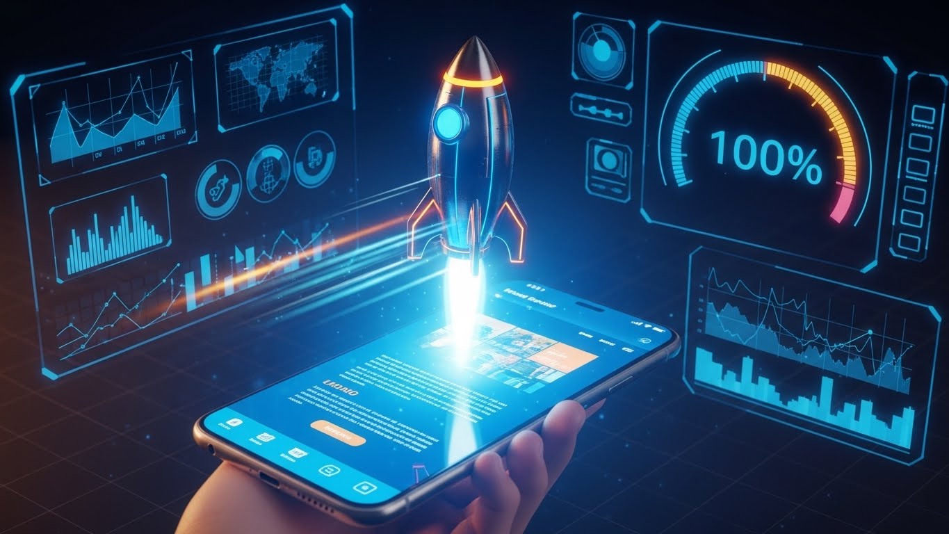 Akıllı telefondan fırlayan roket ve hız göstergesi ile wordpress site hızlandırma ve performans testi görseli