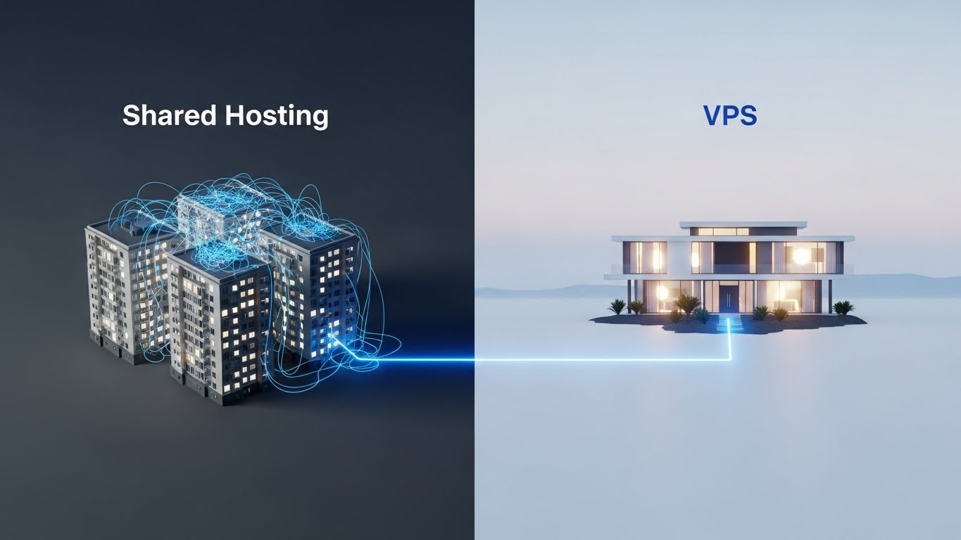 Paylaşımlı hosting ve vps sunucu arasındaki farkları gösteren apartman ve villa karşılaştırma görseli