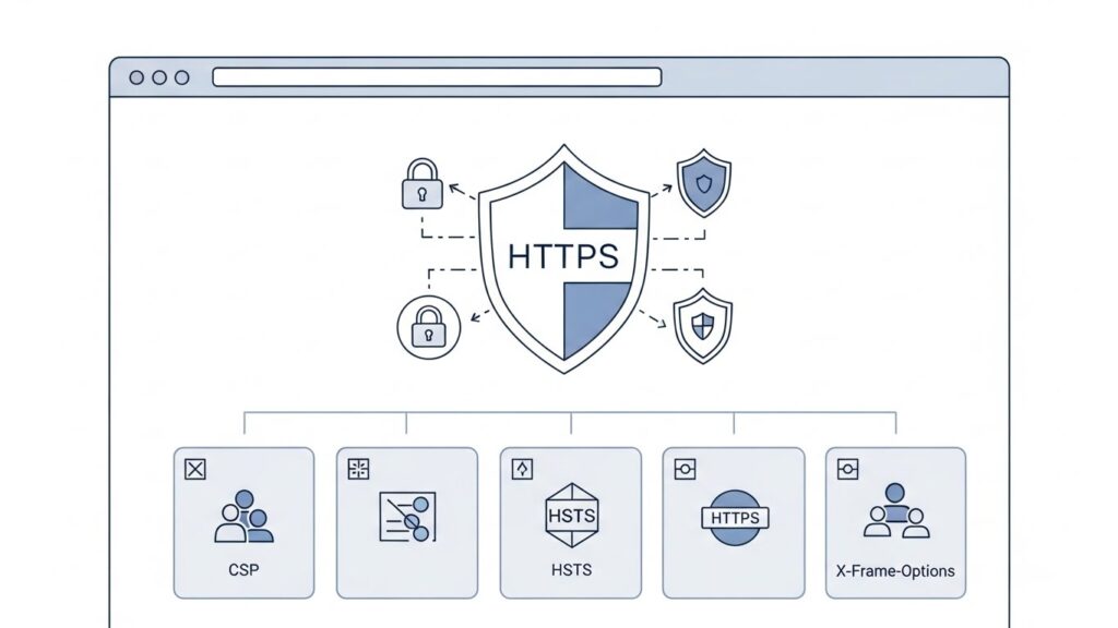 HTTP güvenlik başlıklarını gösteren modern teknik illüstrasyon.