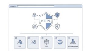 HTTP güvenlik başlıklarını gösteren modern teknik illüstrasyon.