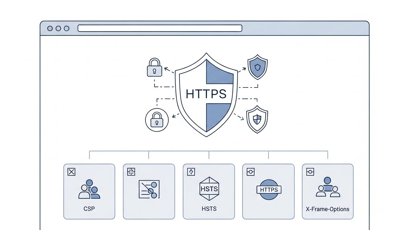 HTTP güvenlik başlıklarını gösteren modern teknik illüstrasyon.
