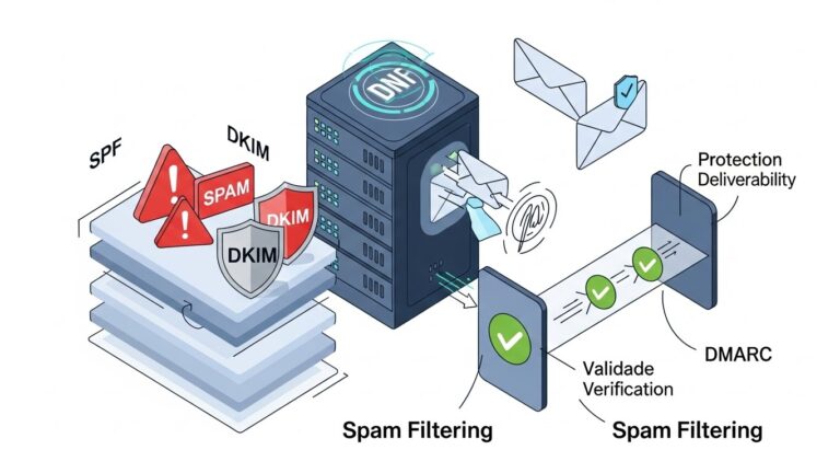 E-postaların spama düşmesini engelleyen SPF, DKIM ve DMARC doğrulama katmanlarını gösteren güvenlik temalı teknik görsel.