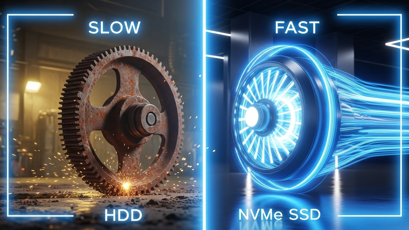 Eski hdd disk ile yeni nesil nvme ssd disk arasındaki hız farkını gösteren teknolojik görsel