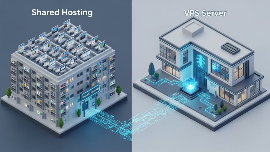Paylaşımlı hosting ile vps sunucu arasındaki farkları gösteren apartman ve müstakil ev karşılaştırma görseli