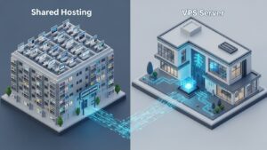 Paylaşımlı hosting ile vps sunucu arasındaki farkları gösteren apartman ve müstakil ev karşılaştırma görseli