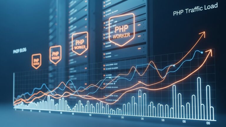 PHP worker süreçlerini ve artan web trafiği nedeniyle sunucu yükünün yükselmesini gösteren modern teknik illüstrasyon.