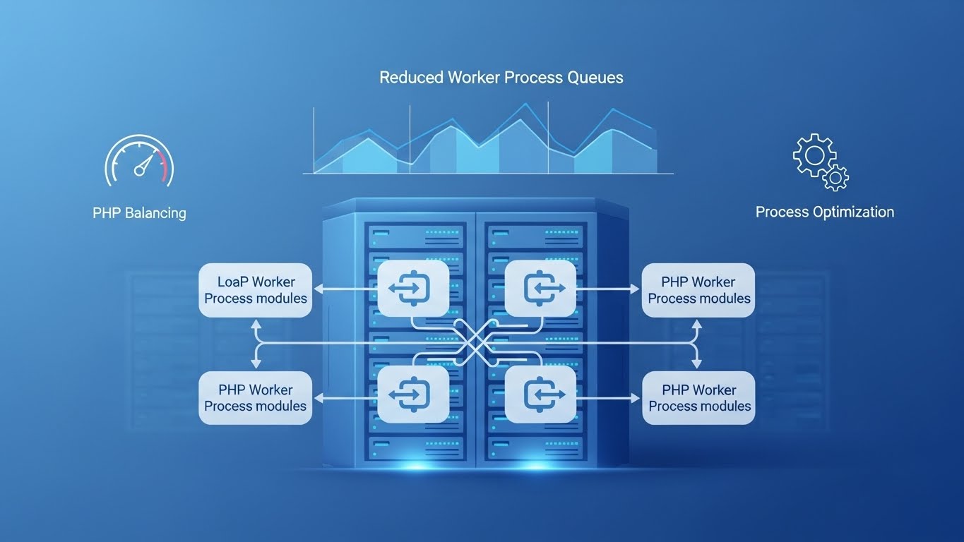 PHP worker süreçlerinin verimli çalışması için yapılan optimizasyonları gösteren modern teknik illüstrasyon.