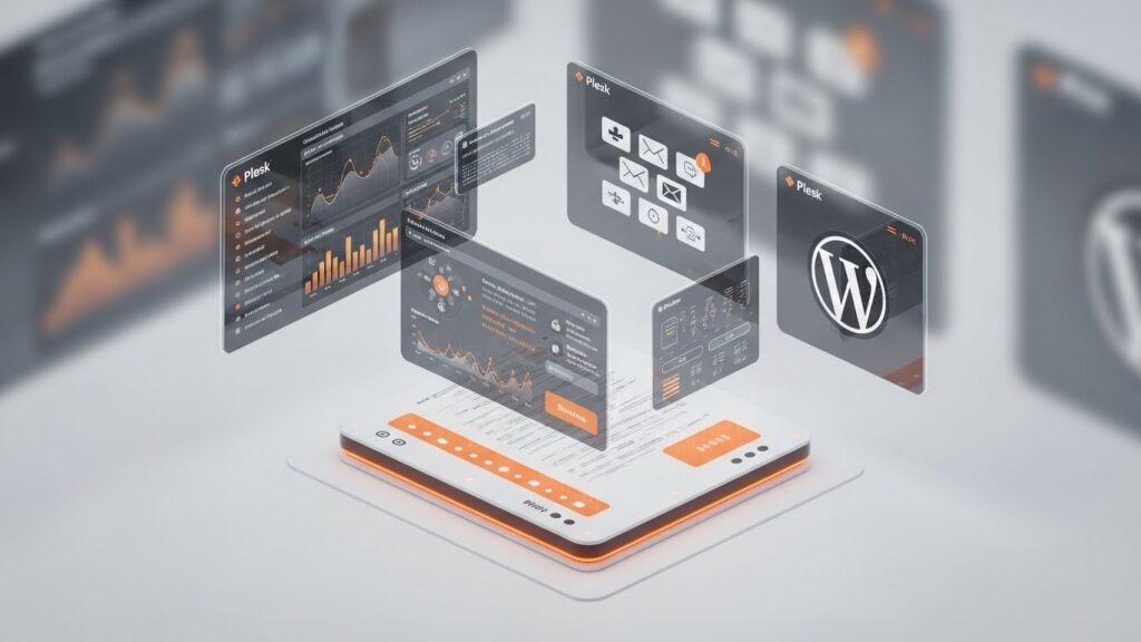 Plesk panel nedir sorusunu anlatan modern web hosting yönetim paneli ve wp toolkit arayüzü görseli