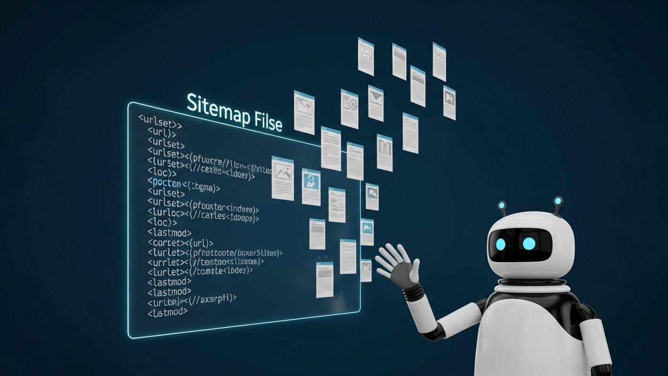 Google botlarının sitemap xml dosyasını tarayarak siteyi indelemesini gösteren illüstrasyon