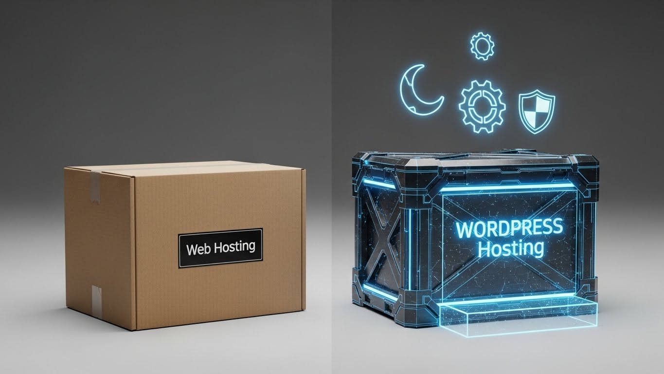 Standart web hosting ile wordpress hosting arasındaki özellik ve donanım farklarını gösteren karşılaştırma görseli