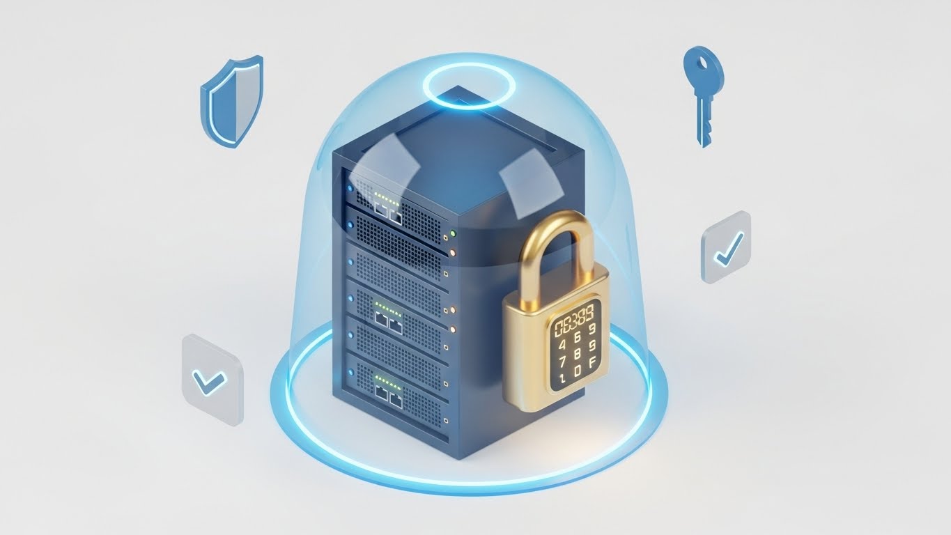 Sunucu güvenliği, ddos koruması ve şifrelenmiş verileri simgeleyen teknolojik illüstrasyon