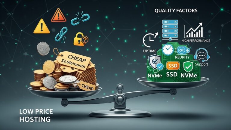 Ucuz hosting seçiminde fiyat ve kalite unsurlarını karşılaştıran dijital terazili teknik görsel.