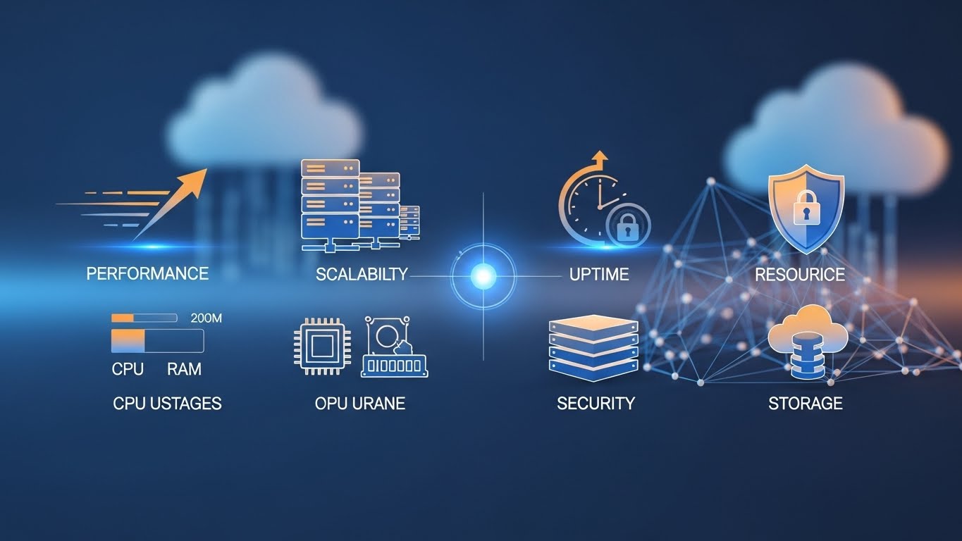 Web hosting seçerken performans, güvenlik ve kaynak kullanımını temsil eden teknik illüstrasyon.
