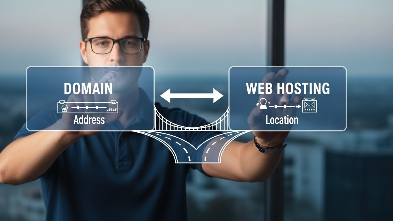 Web hosting ve domain nedir sorusunu anlatan görsel