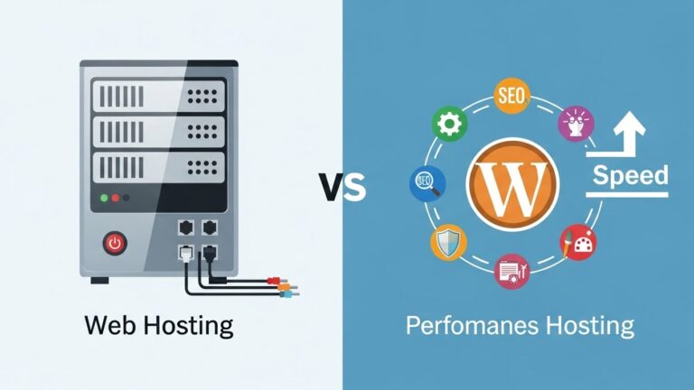Web Hosting ve WordPress Hosting arasındaki farkı gösteren teknik illüstrasyon.