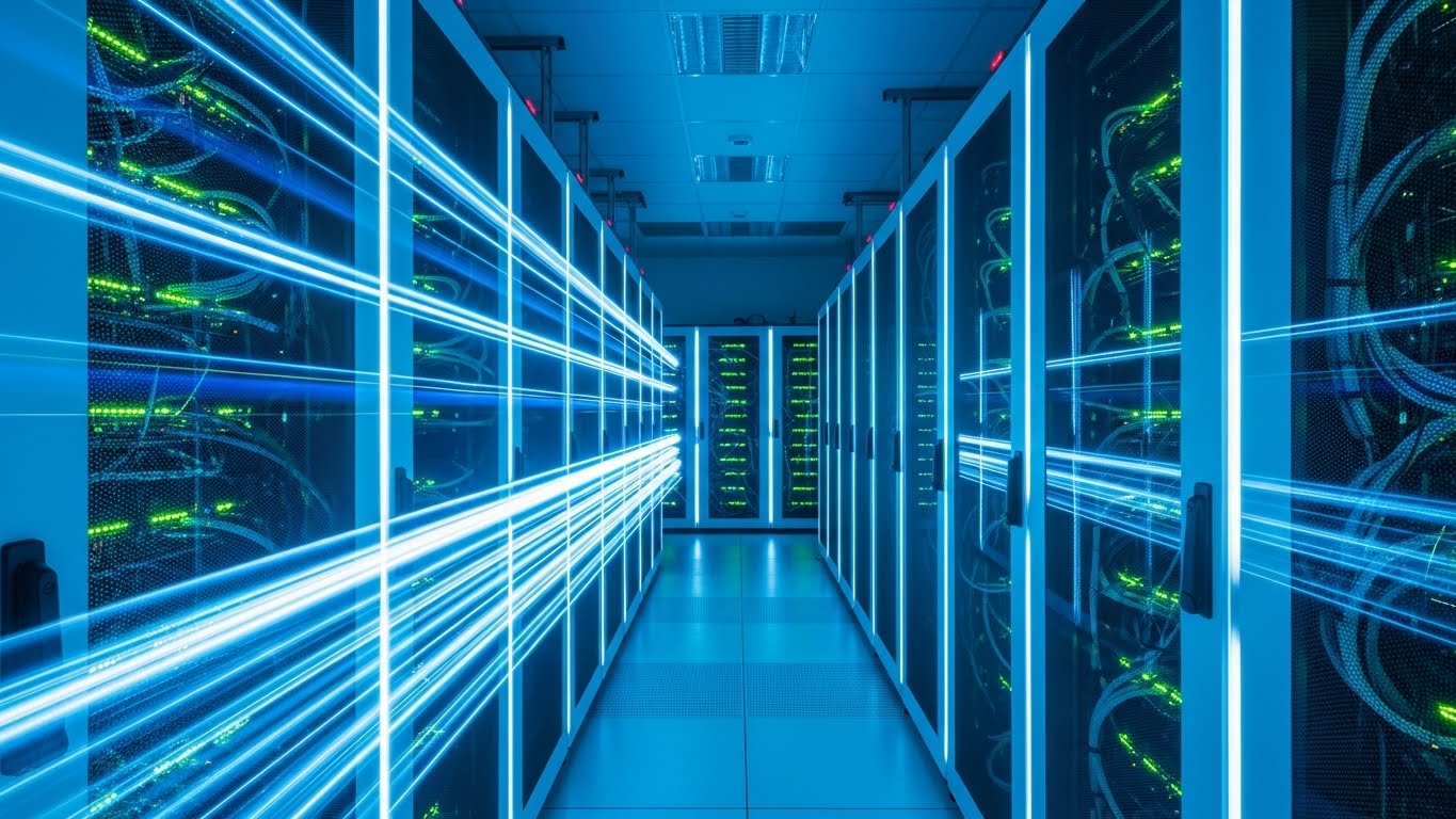 Mavi ışıklarla aydınlatılmış yüksek performanslı web hosting sunucuları ve modern veri merkezi koridoru