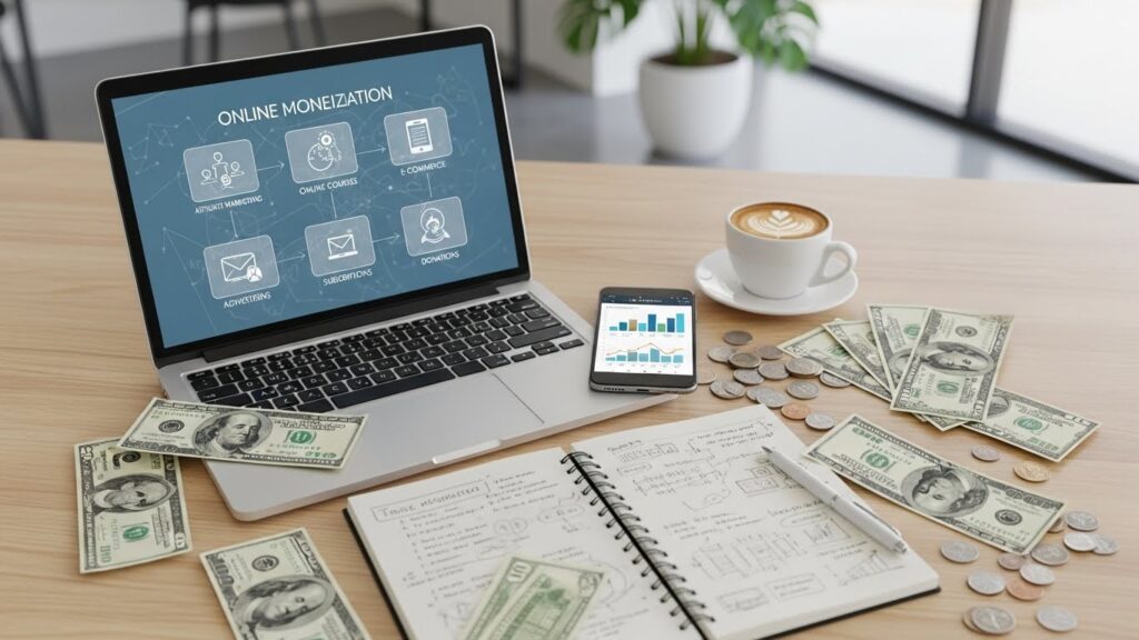 Web sitesinden para kazanma yolları, dijital gelir artışı ve online girişimcilik konseptli görsel