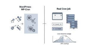 WP-Cron ile gerçek cron job arasındaki farkı ve CPU tasarrufunu gösteren teknik illüstrasyon.