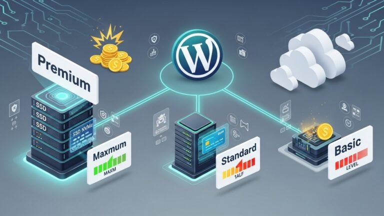 WordPress hosting fiyatlandırmasını sunucu, fiyat etiketi ve performans simgeleriyle temsil eden modern teknik görsel.
