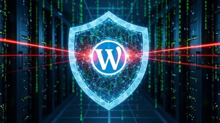 Siber saldırılara karşı korunan dijital kalkan ve wordpress site güvenliği konsept görseli