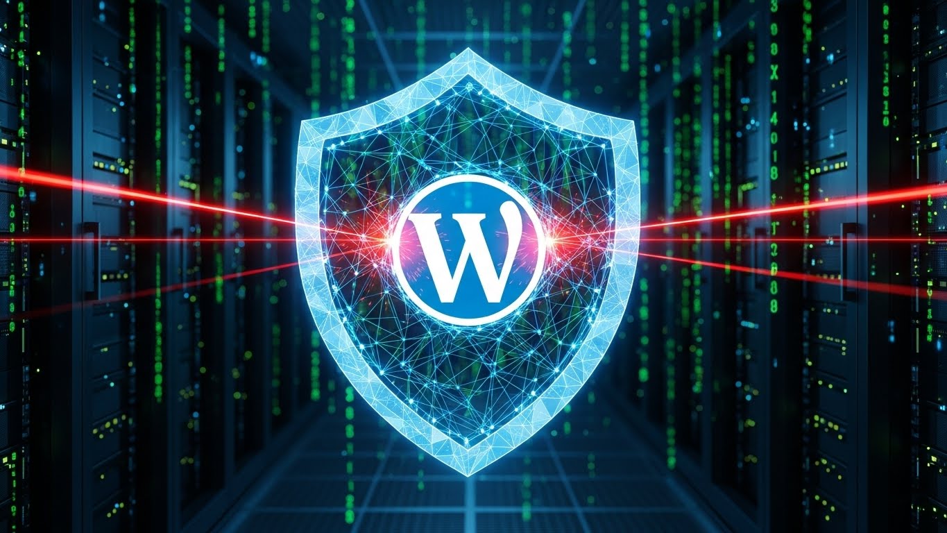 Siber saldırılara karşı korunan dijital kalkan ve wordpress site güvenliği konsept görseli