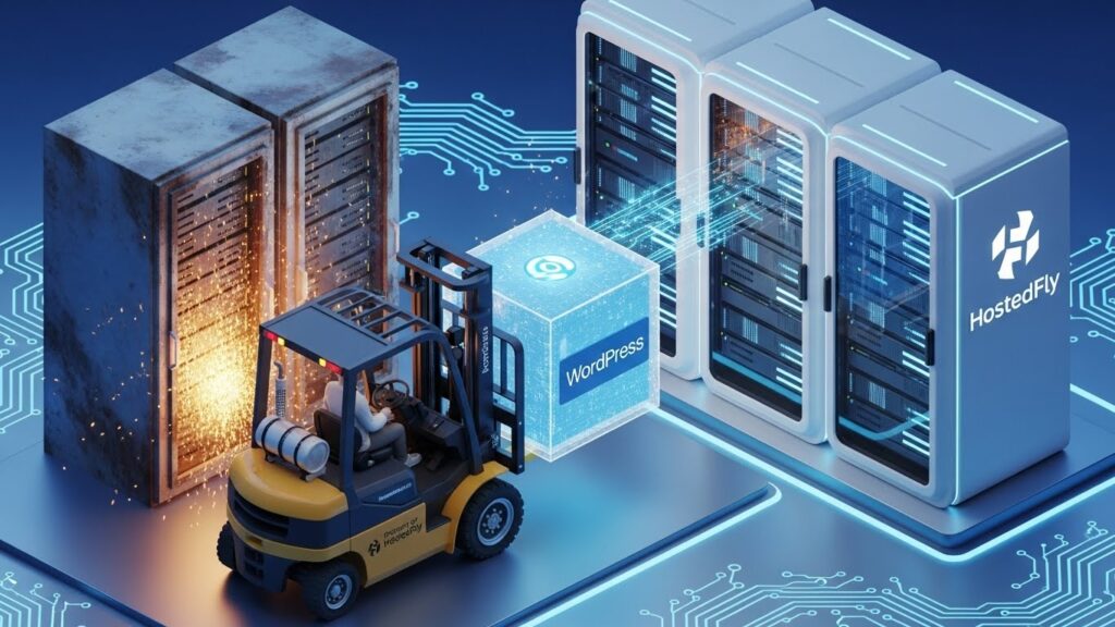 WordPress site taşıma işlemi, hosting değiştirme ve veri transferi konseptli 3d görsel