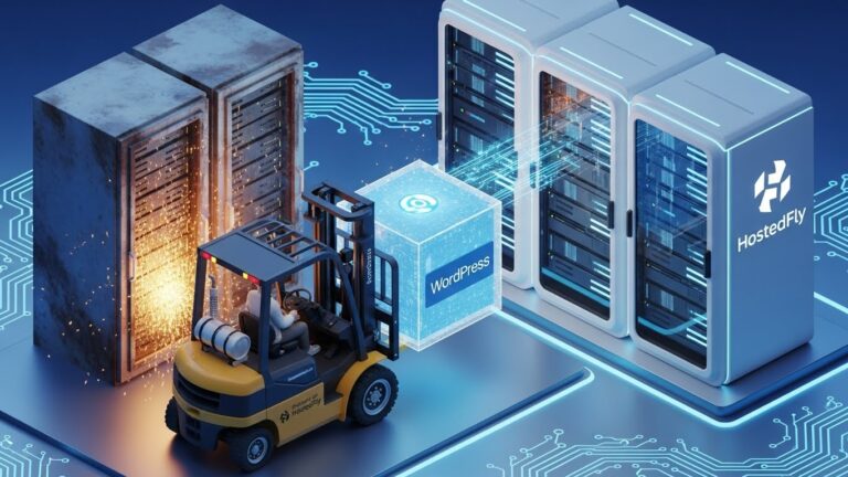 WordPress site taşıma işlemi, hosting değiştirme ve veri transferi konseptli 3d görsel