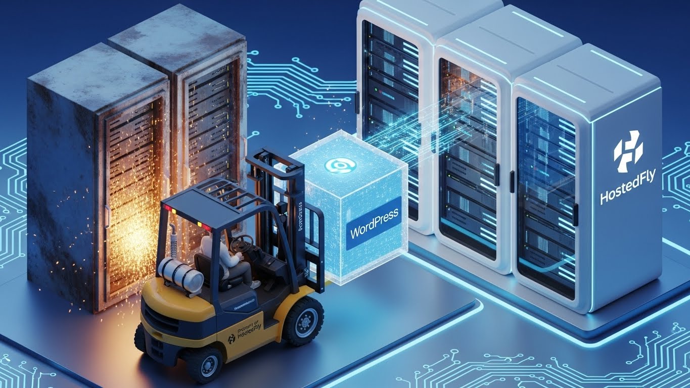 WordPress site taşıma işlemi, hosting değiştirme ve veri transferi konseptli 3d görsel