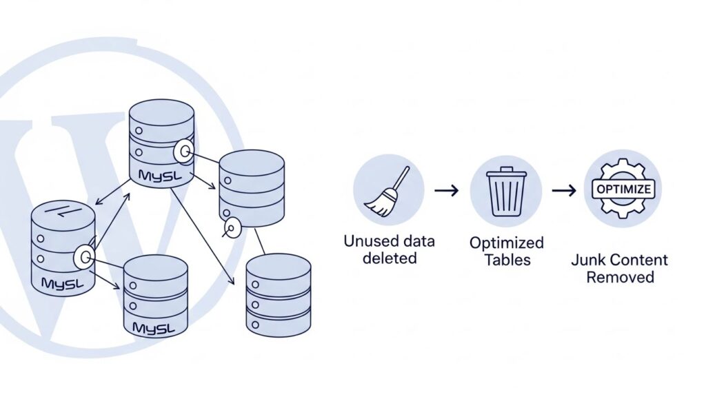 WordPress veritabanı temizleme ve optimizasyonunu gösteren teknik illüstrasyon.